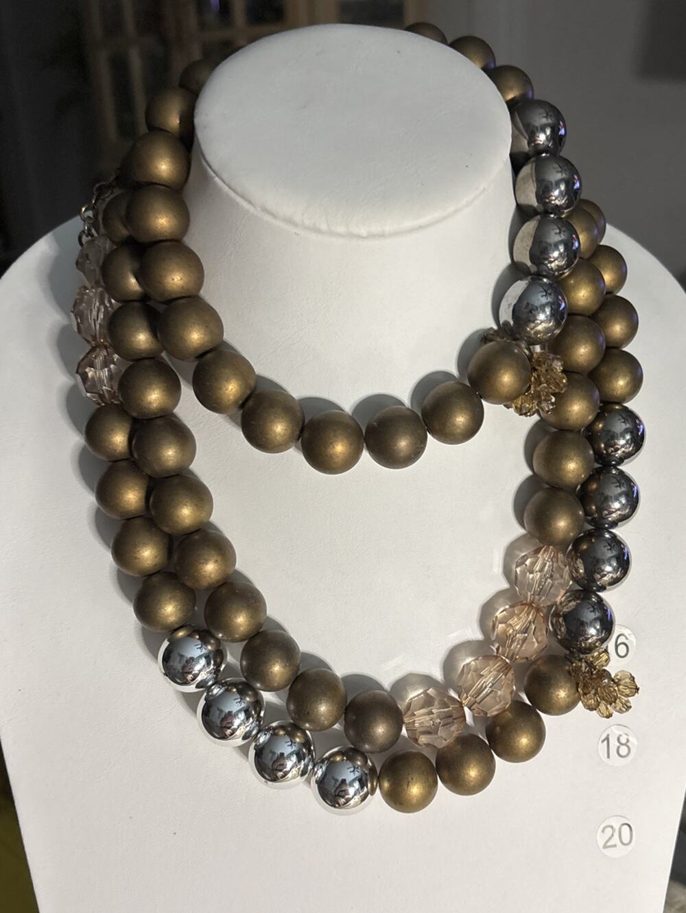 Chico’s 3 Strand Statement Necklace Bronze Silver Blush Beads Chunky